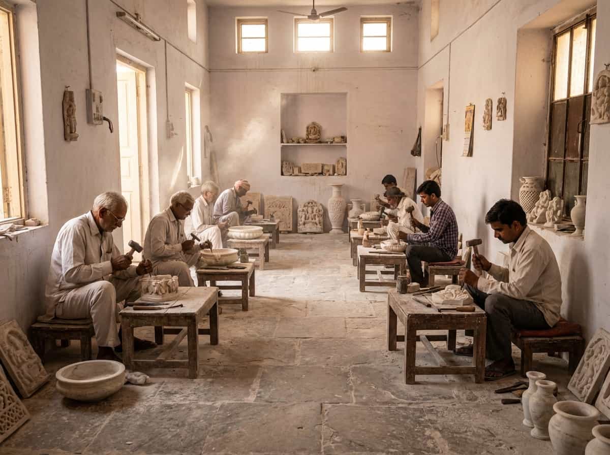 Traditional stone carving workshop in Rajasthan