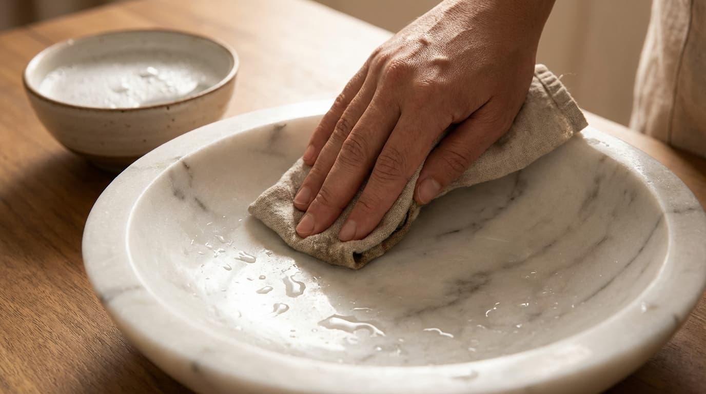 Cleaning a marble urli with a soft damp cloth