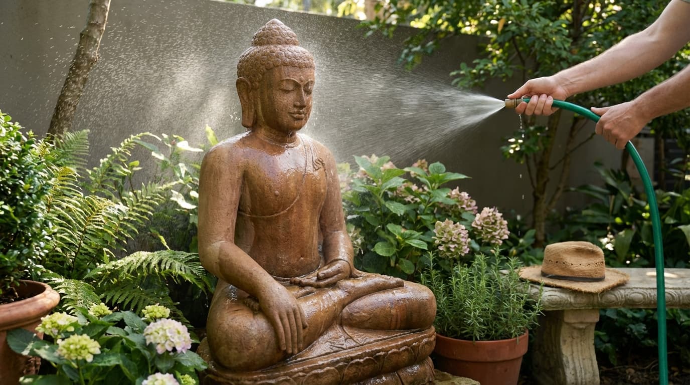 Rinsing an outdoor sandstone sculpture with a garden hose