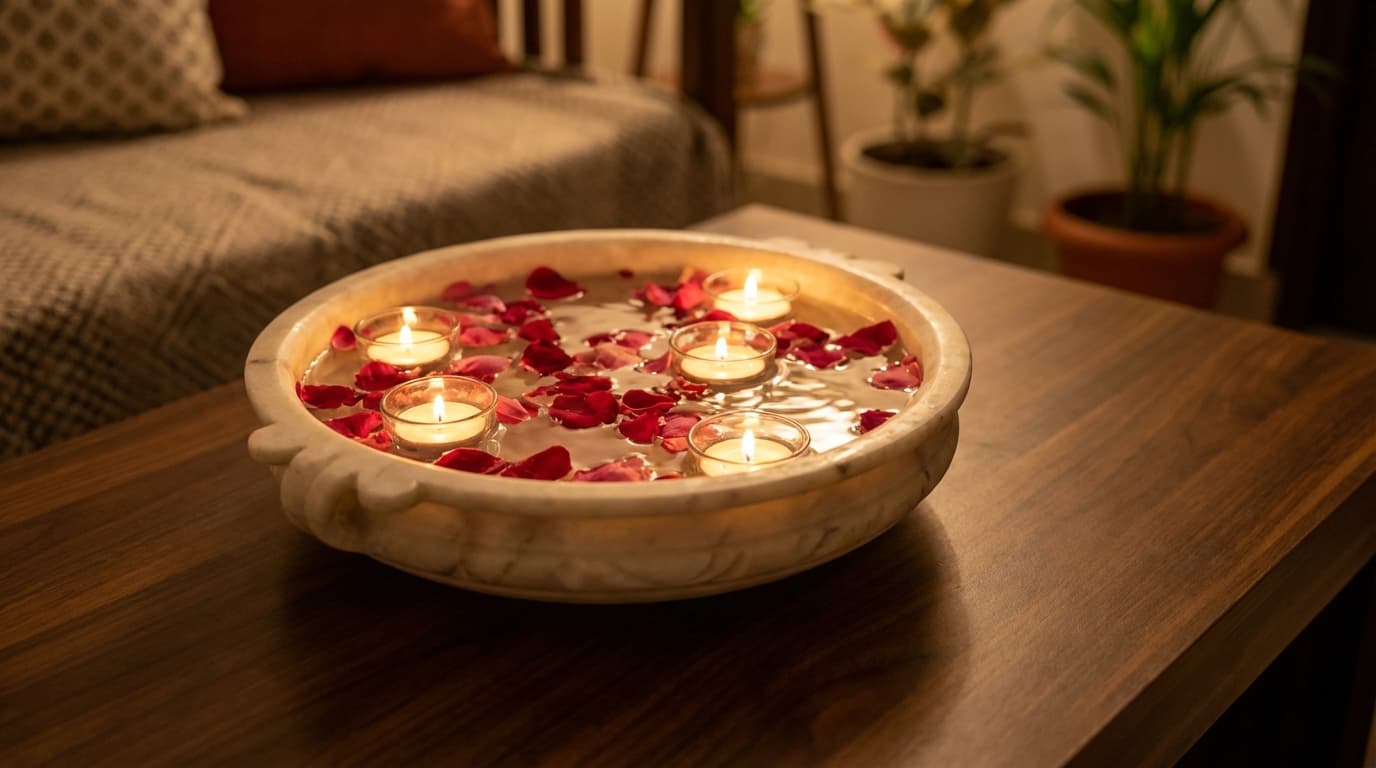 Marble urli with floating candles and rose petals