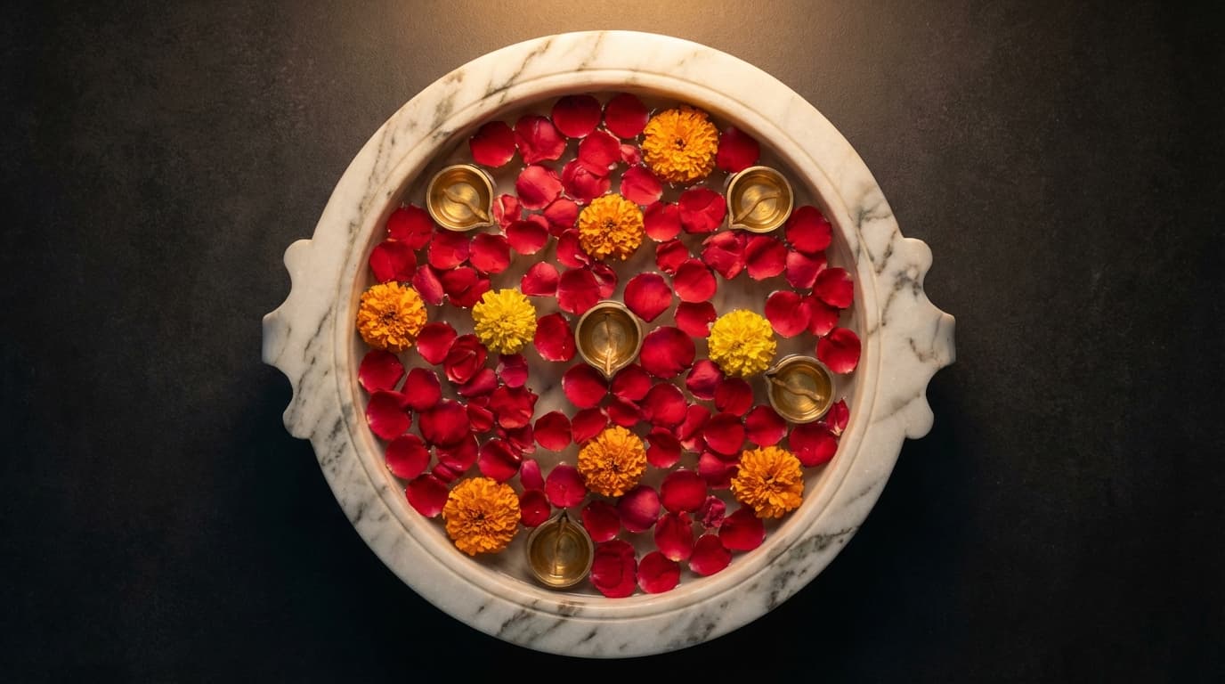 Marble urli with floating rose petals and candles