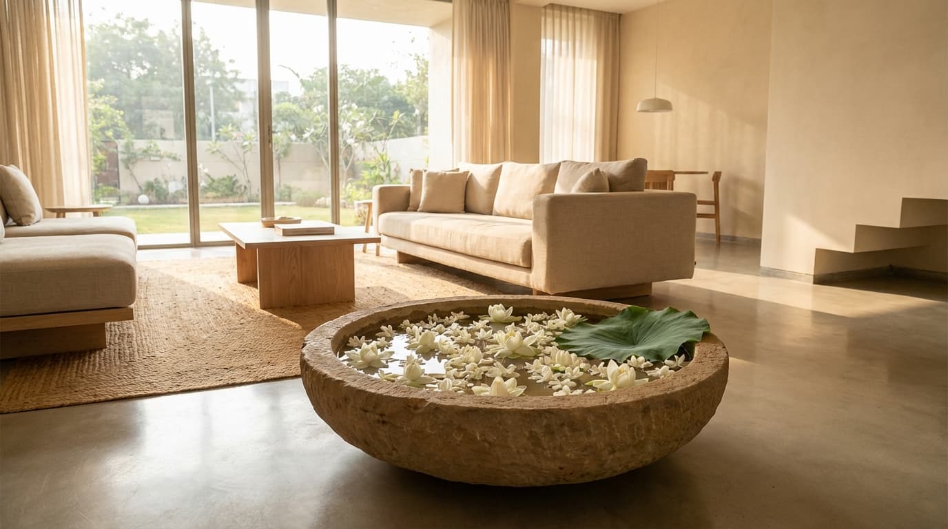 Sandstone urli in a modern minimalist living room
