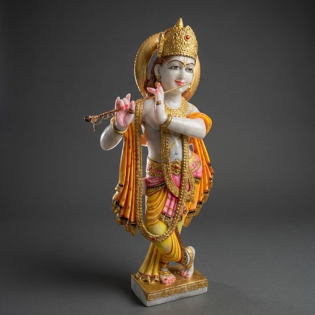 Exquisite Hand-Carved Lord Krishna Stone Statue - Divine Artisan Sculpture