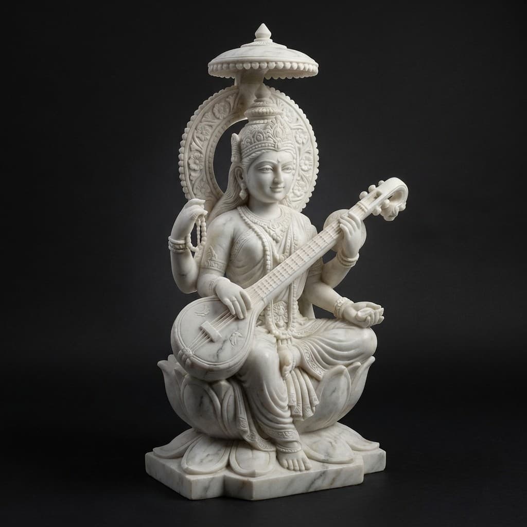 Exquisite Hand-Carved Goddess Saraswati Stone Statue - hero-light