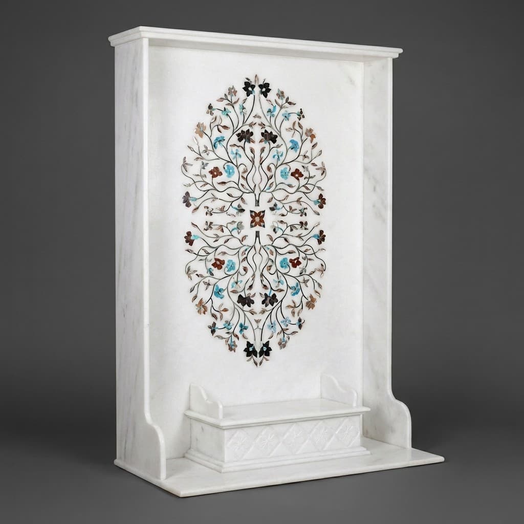Artisan Hand-Carved Stone Temple with Exquisite Floral Inlay Design