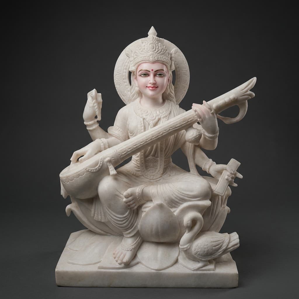 Artisan Hand-Carved Goddess Saraswati Murti for Home Temple