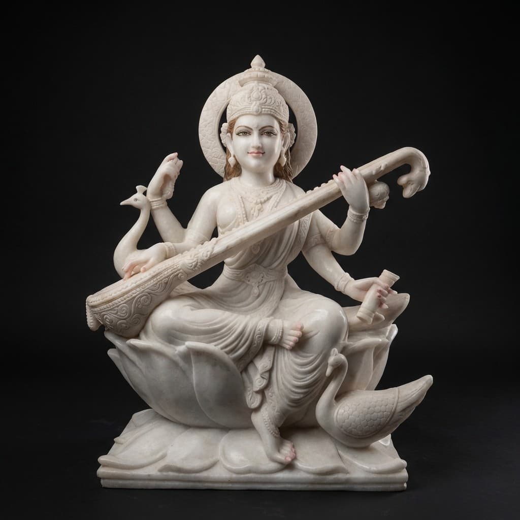 Hand-Carved Saraswati Stone Sculpture on Lotus