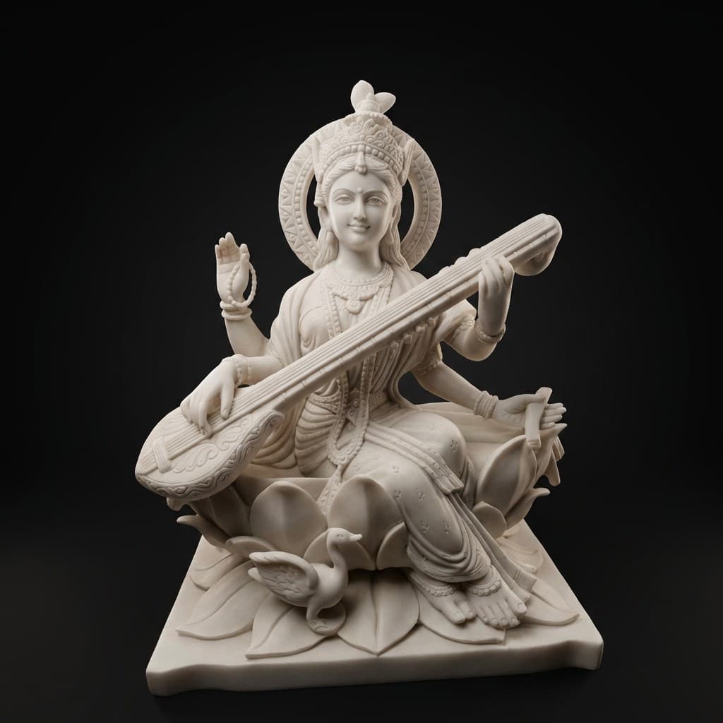 Exquisite Hand-Carved Saraswati Stone Statue in Lotus Posture