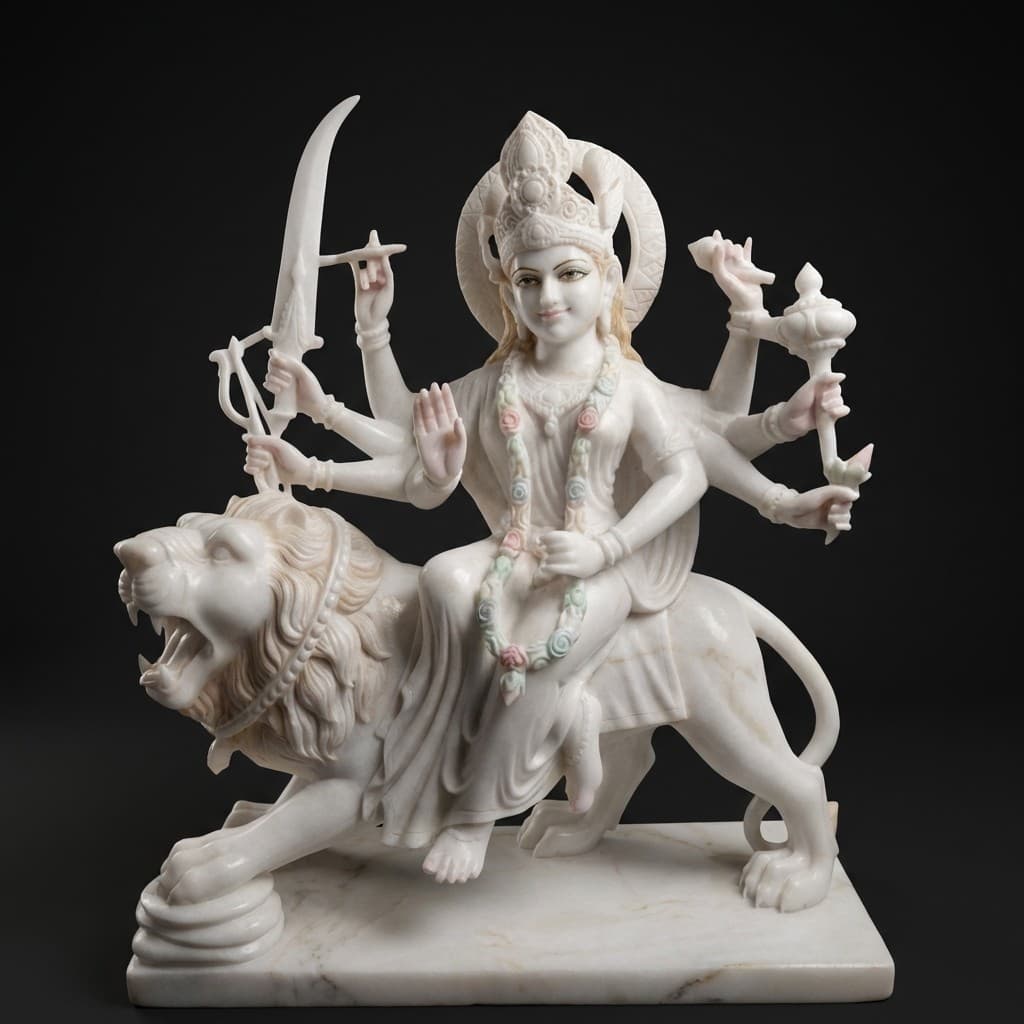 Artisan Hand-Carved Durga Maa Sherawali Stone Statue