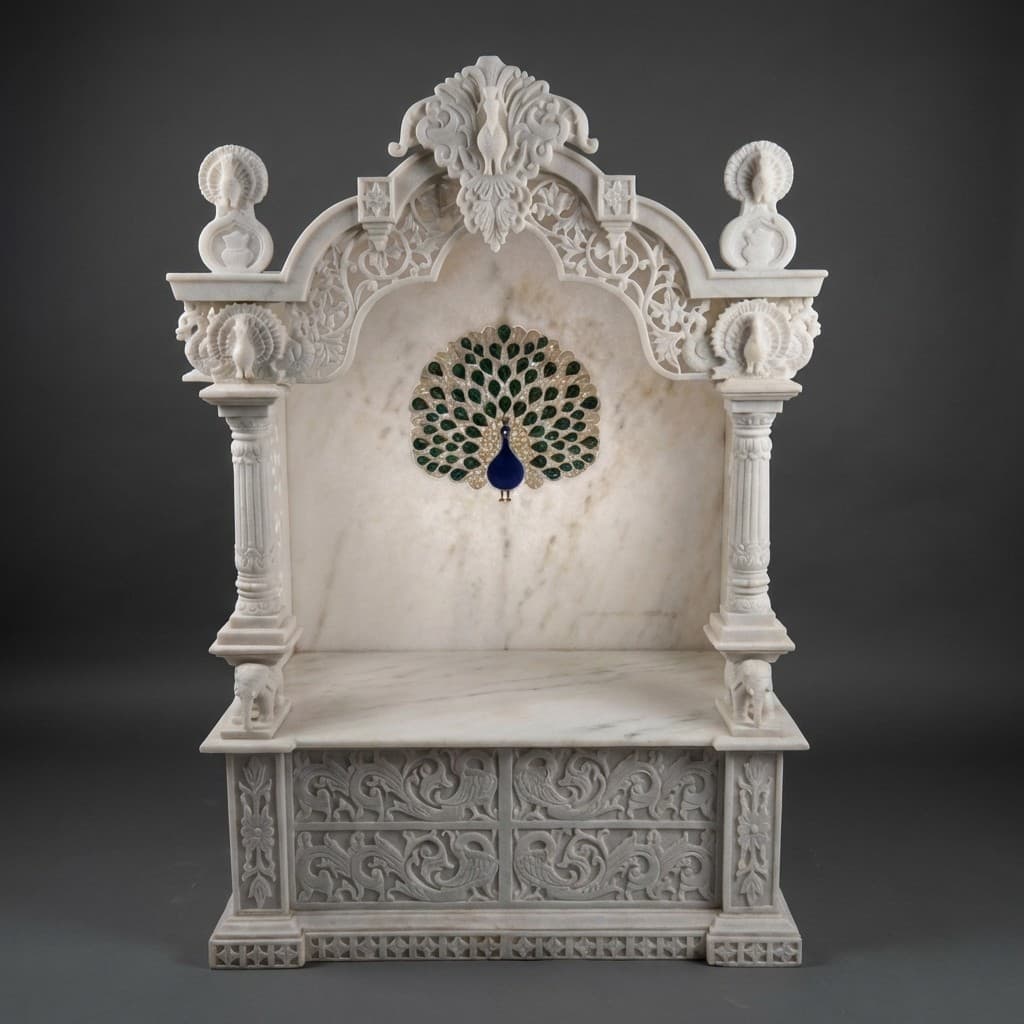 Exquisite Hand-Carved Stone Pooja Mandir with Artisan Peacock Design