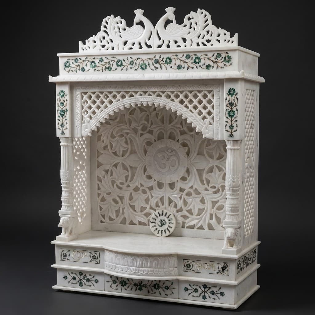 Exquisite Hand-Carved Artisan Stone Temple with Floral Inlay