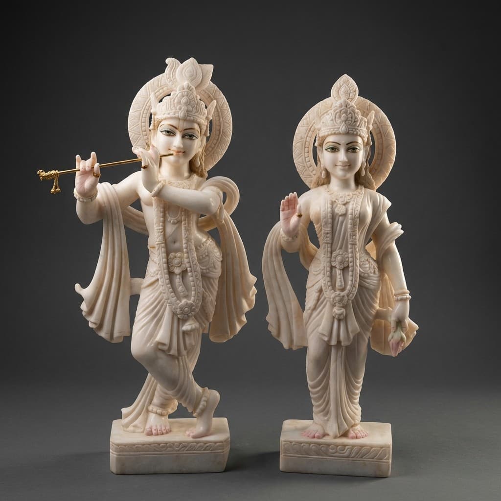 Artisan Hand-Carved Radha Krishna Stone Statue for Home & Temple