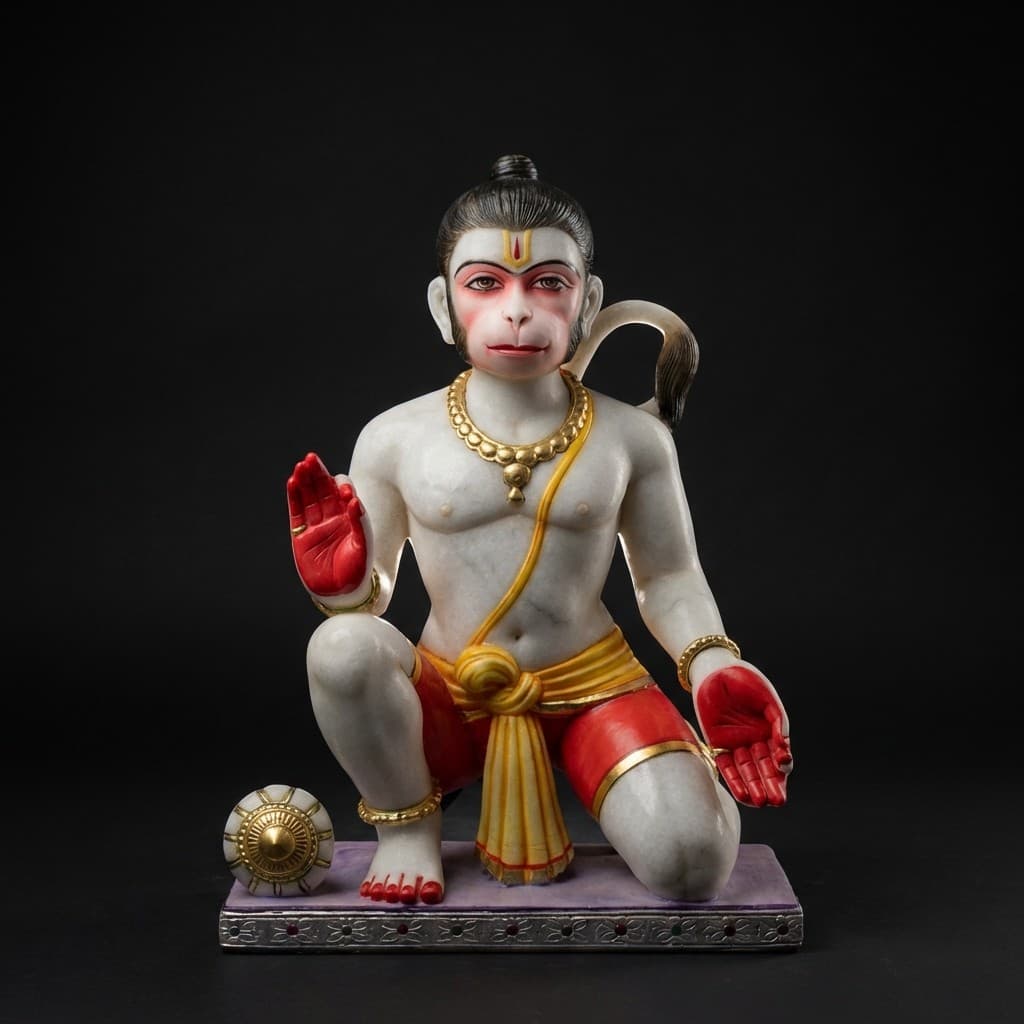 Exquisite Hand-Carved Hanuman Stone Statue in Devotional Chowki Posture