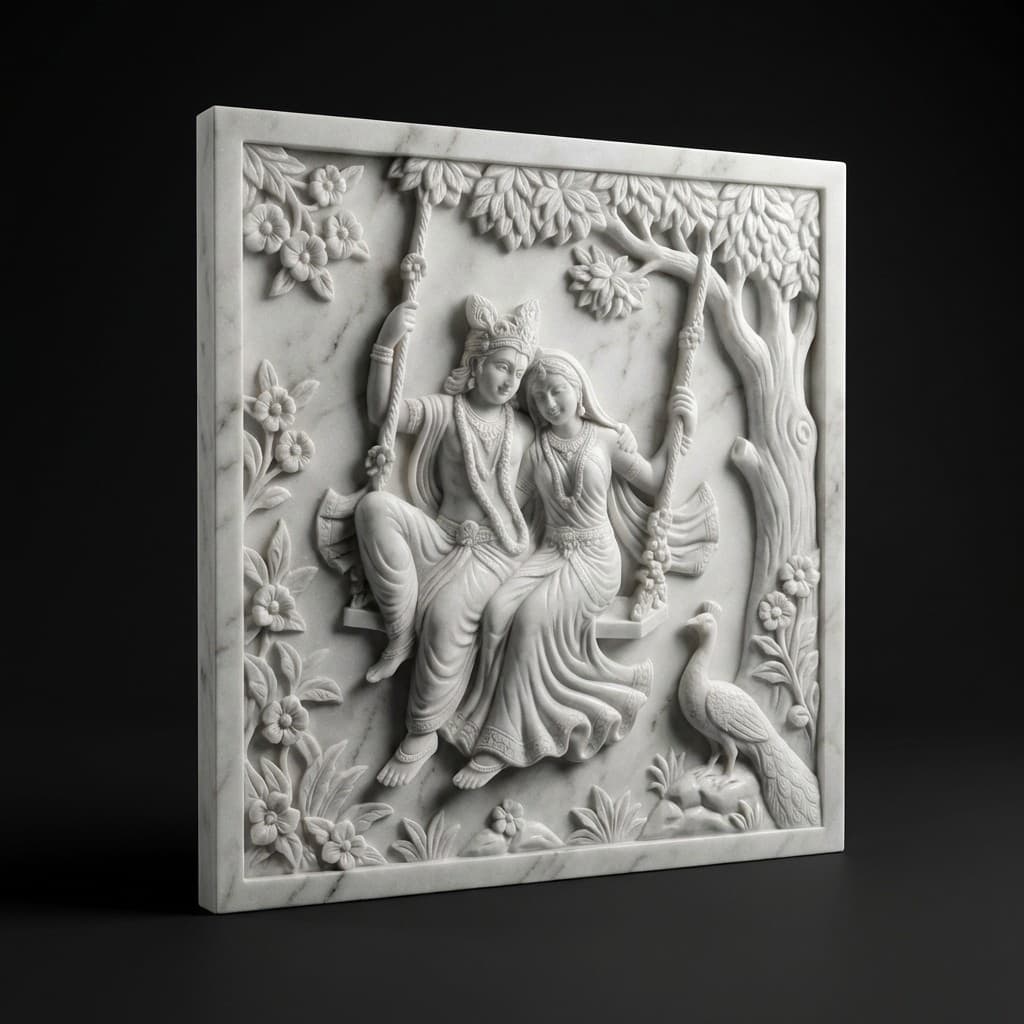 Hand-Carved Radha Krishna Jhula Stone Wall Mural