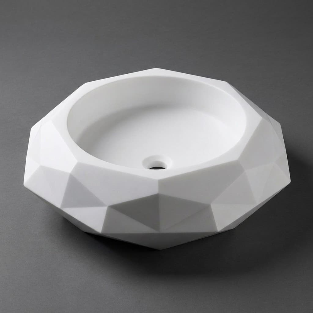 Exquisite Hand-Carved Geometric Faceted Stone Countertop Basin