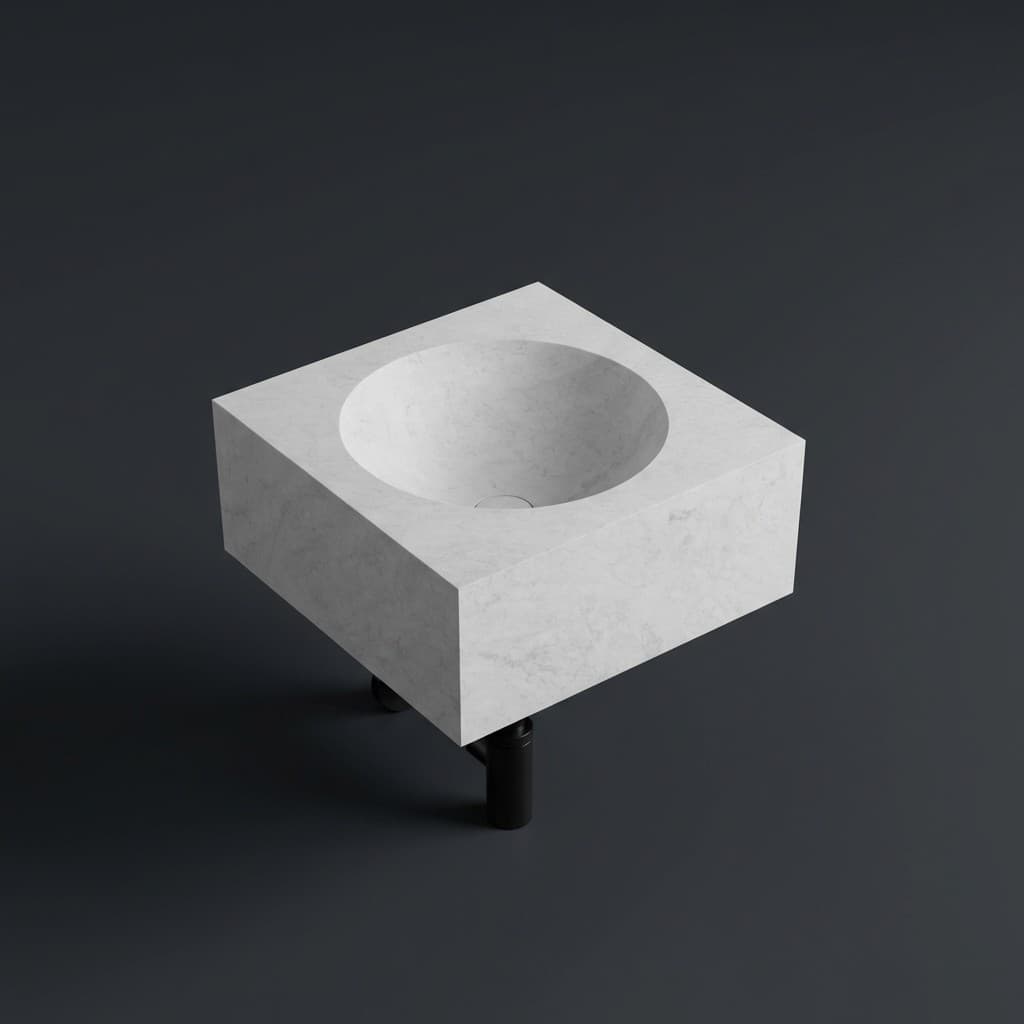 Artisan Hand-Carved Geometric Stone Block Wash Basin