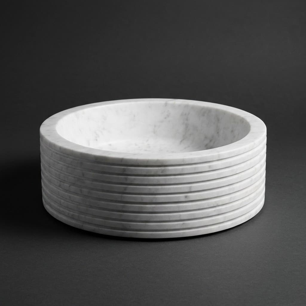 Hand-Carved Ribbed Round Stone Vessel Basin