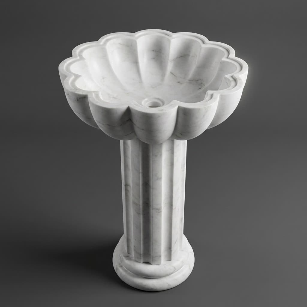 Artisan Hand-Carved Scalloped Shell Stone Pedestal Sink