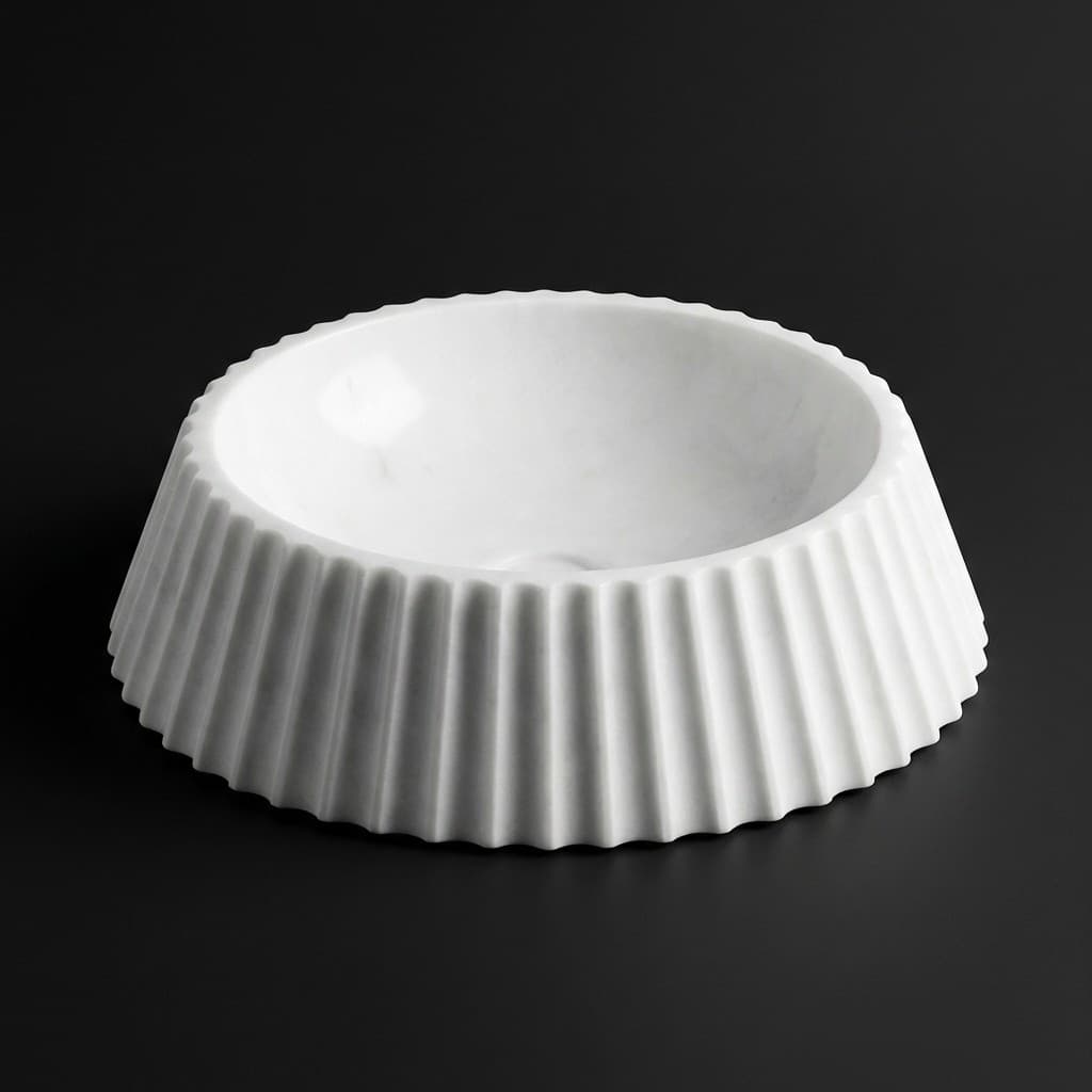 Artisan Hand-Carved Fluted Stone Vessel Basin