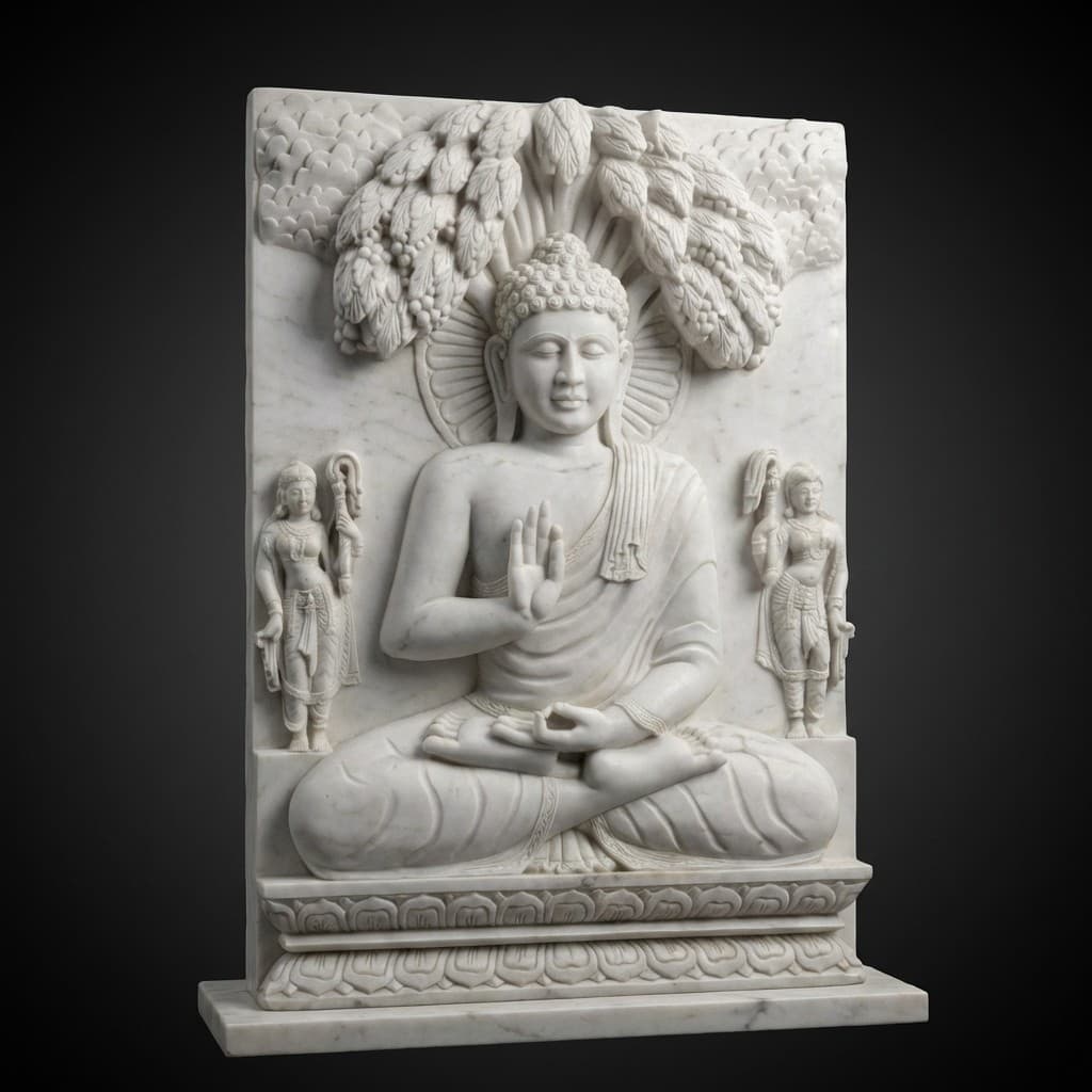 Artisan Hand-Carved 3D Buddha Stone Wall Relief Mural