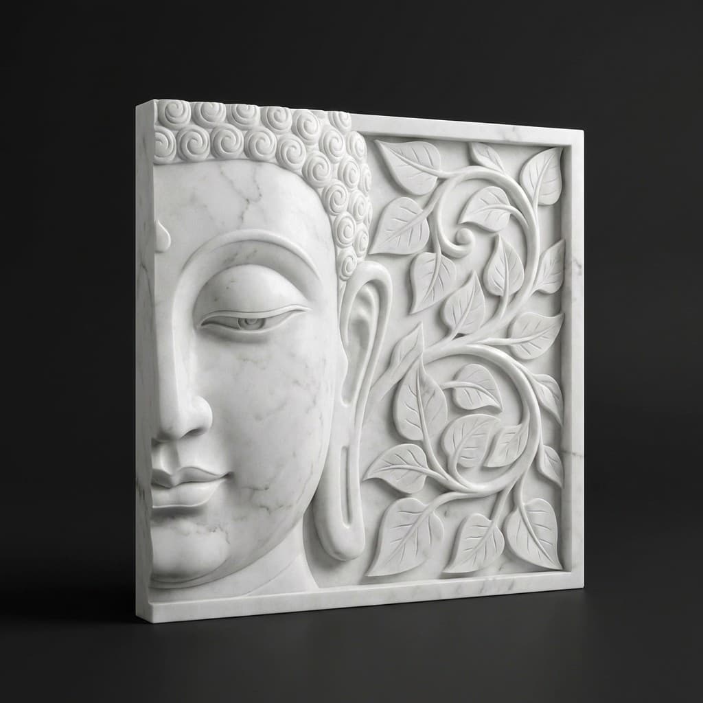 Artisan Hand-Carved Half Face Buddha Stone Wall Mural