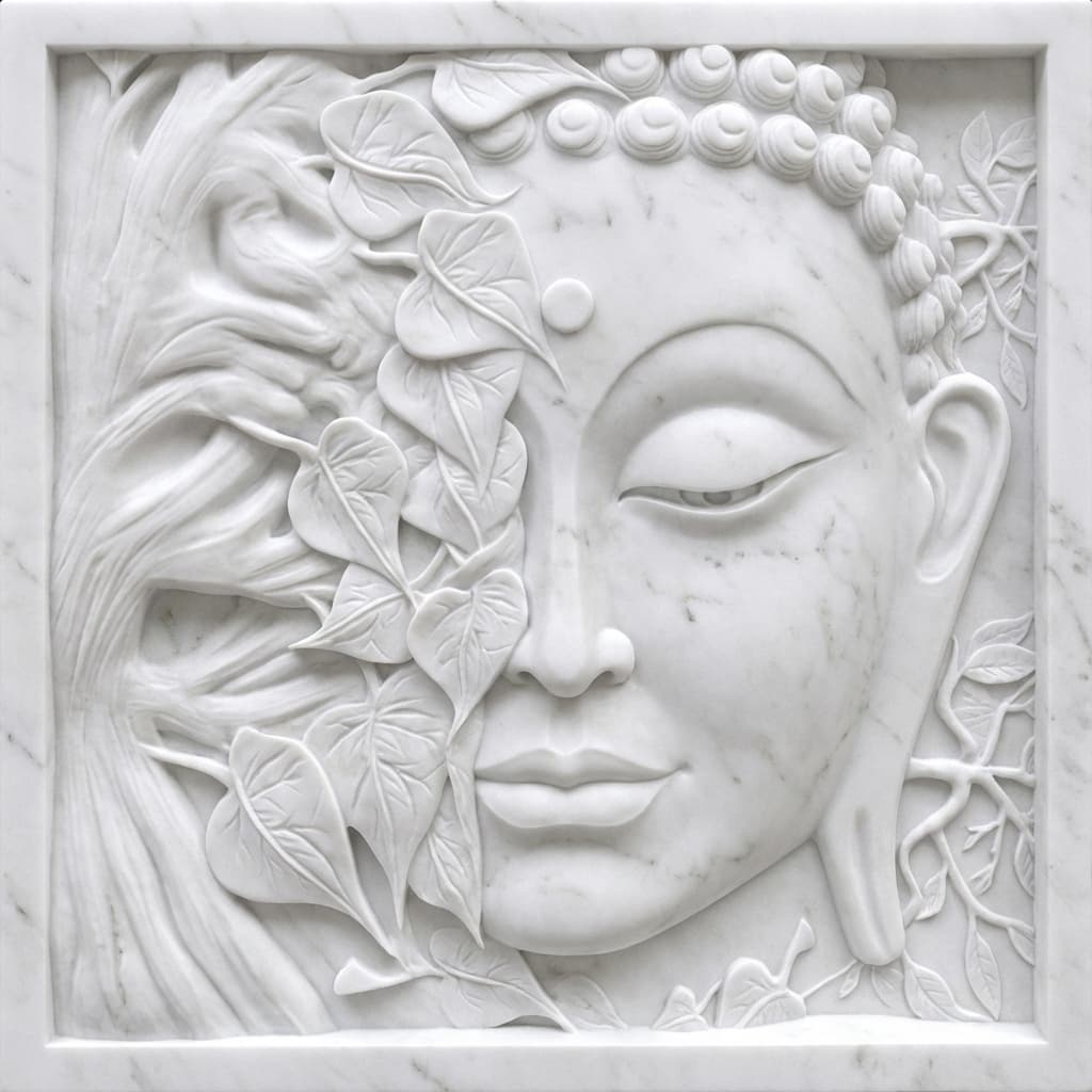 Exquisite Hand-Carved Half Face Buddha & Bodhi Tree Stone Wall Mural