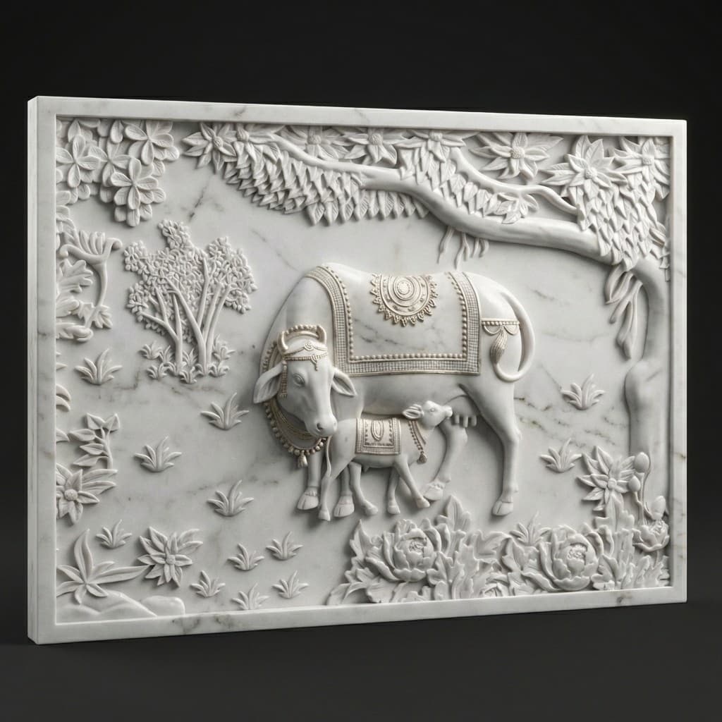 Artisan Hand-Carved Cow and Calf Stone Wall Mural Sculpture