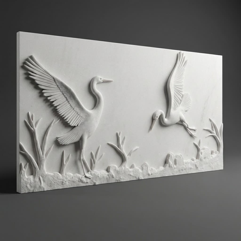 Artisan Hand-Carved Crane Bird Stone Wall Mural