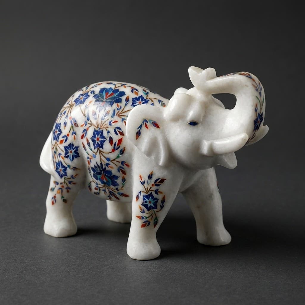 Hand-Carved Floral Inlay Stone Elephant Sculpture