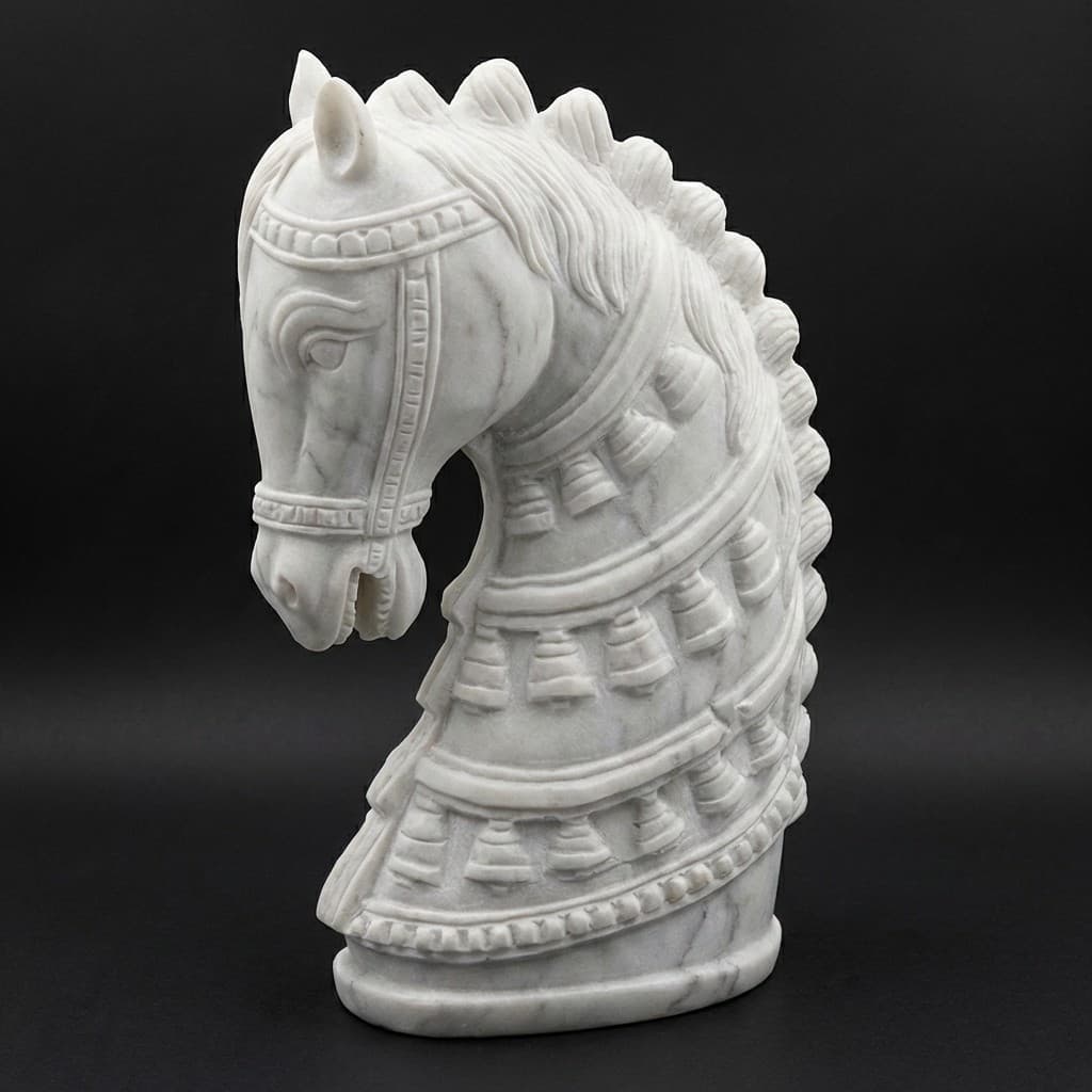 Ornate Hand-Carved Horse Head Stone Sculpture