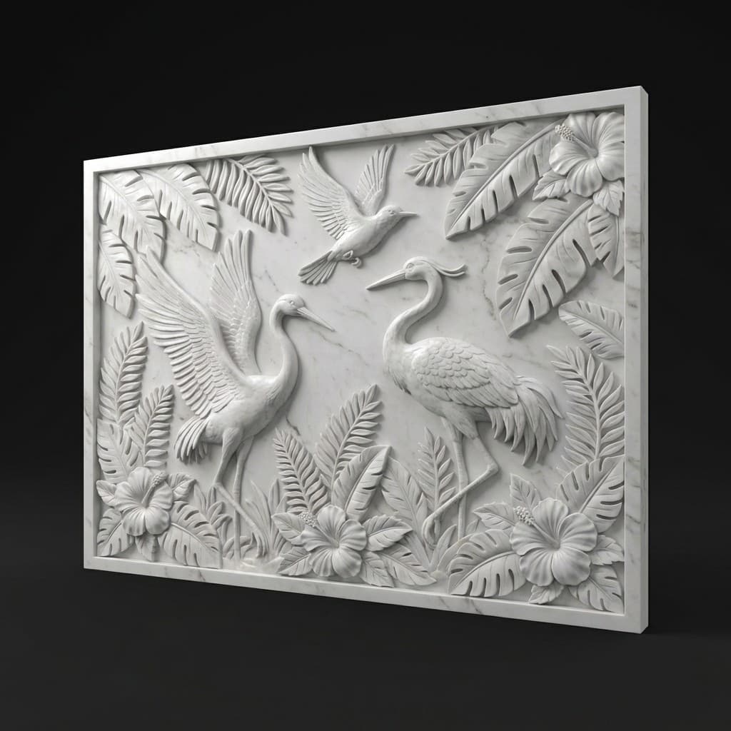 Hand-Carved Nature and Tropical Birds Stone Wall Mural