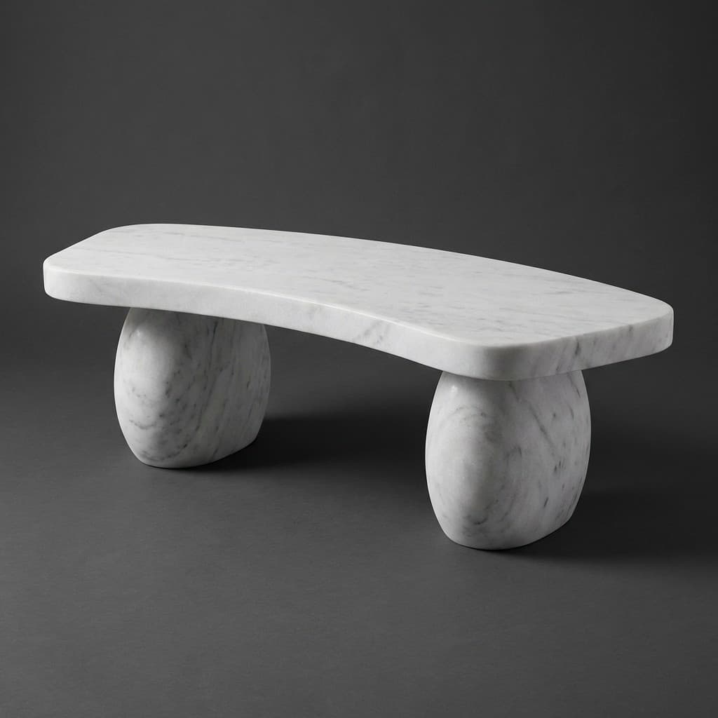 Artisan Hand-Carved Stone Garden Bench with Boulder Bases