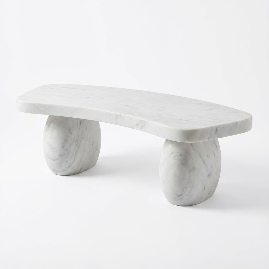 Artisan Hand-Carved Stone Garden Bench with Boulder Bases
