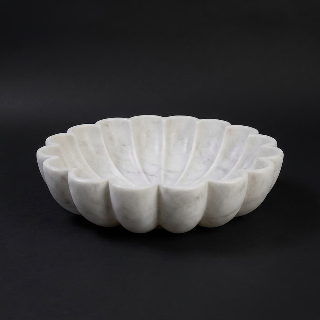 Artisan Hand-Carved Scalloped Boule Stone Urli Bowl