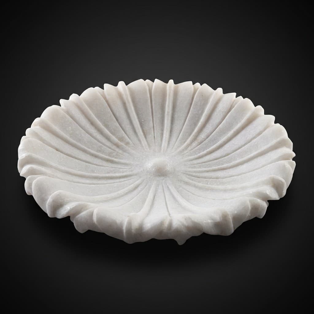Elegant Hand-Carved Fluted Stone Urli Decorative Bowl