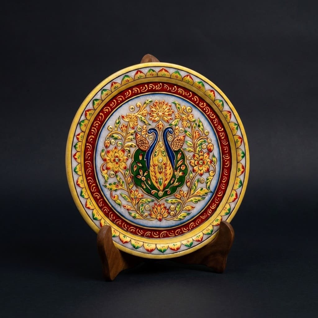 Artisan Hand-Painted Peacock Motif Stone Decorative Plate with Stand - hero-light
