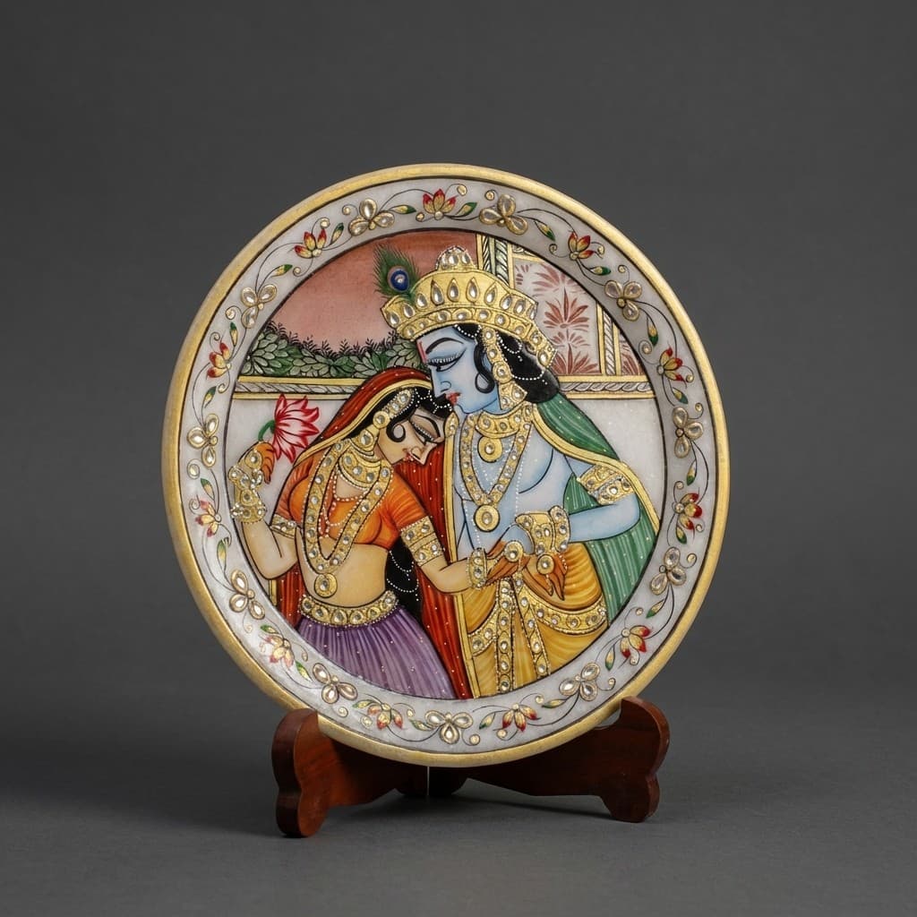 Artisan Hand-Painted Radha Krishna Devotional Stone Art Plate with Stand - hero-light