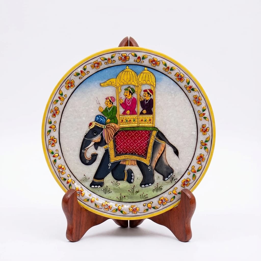 Hand-Painted Royal Elephant Artisan Stone Decorative Plate with Stand