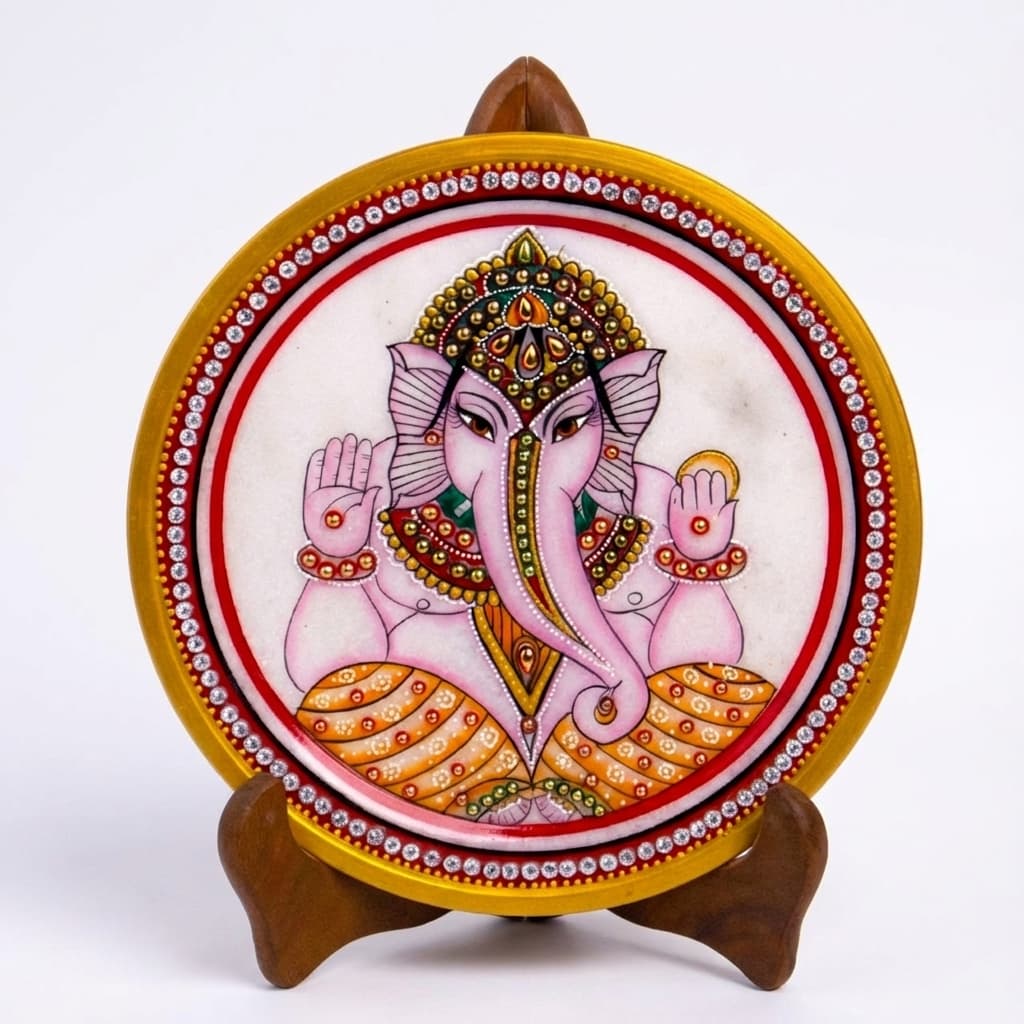 Artisan Hand-Painted Ganesha Stone Decorative Plate with Stand