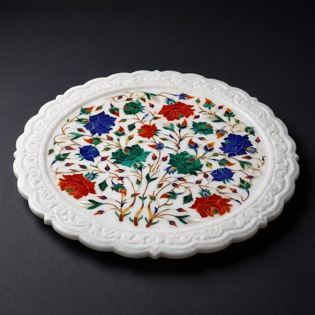 Handcrafted Floral Inlay Artisan Stone Platter - hero-light