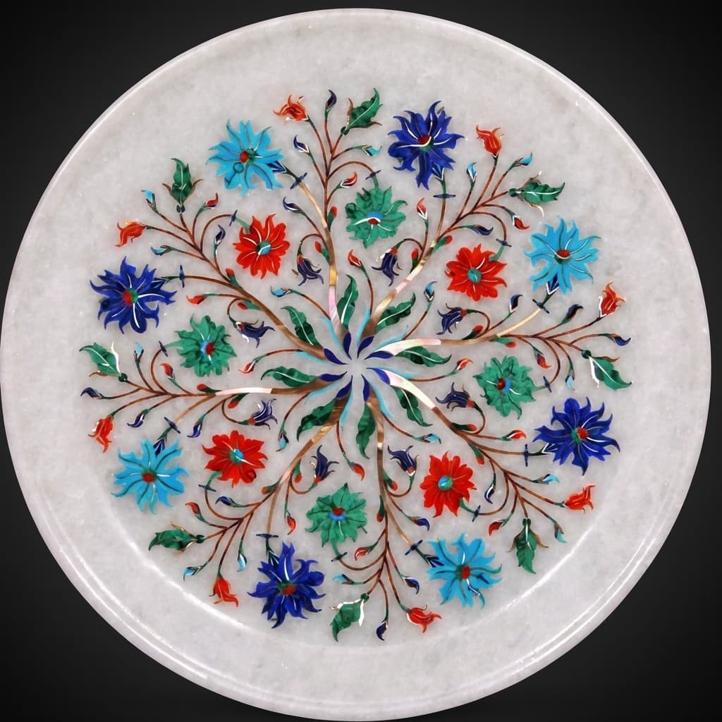 Handcrafted Floral Inlay Decorative Stone Plate