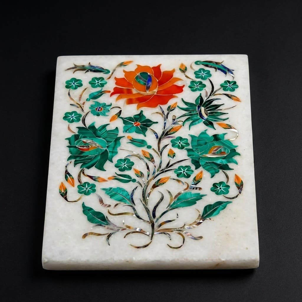 Artisan Handcrafted Floral Inlay Decorative Stone Platter - hero-light