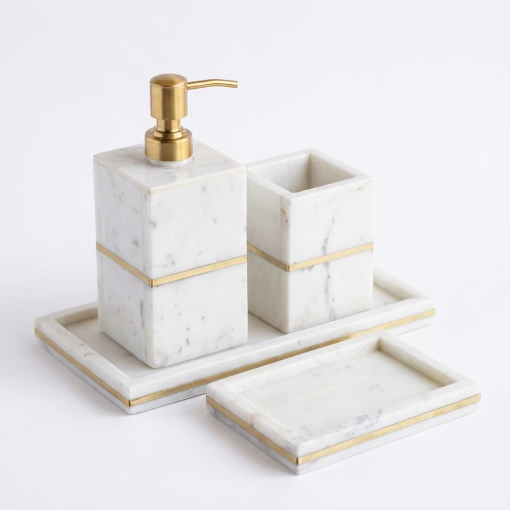 Exquisite Handcrafted Stone Bathroom Accessory Set with Artisanal Inlay