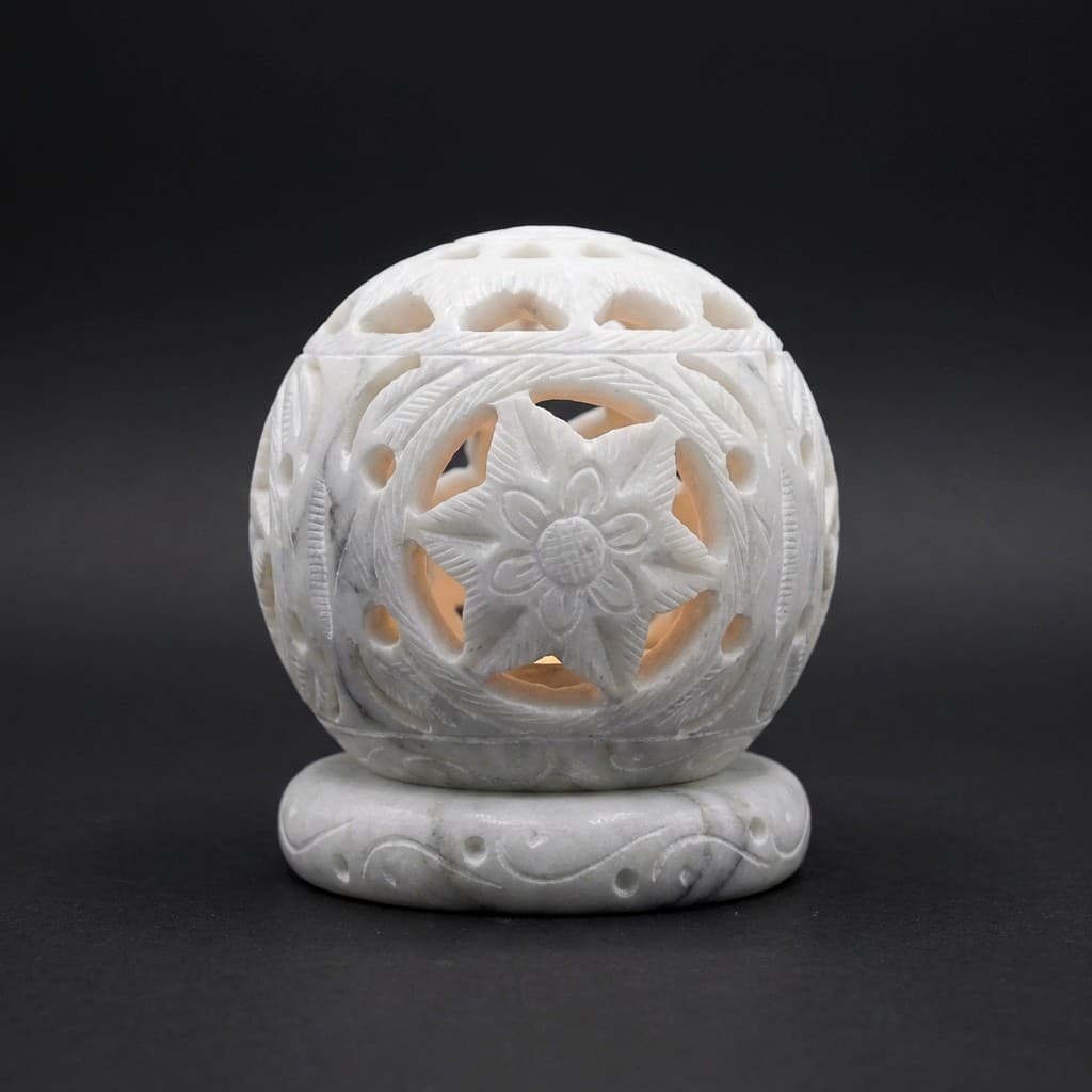 Artisan Floral Hand-Carved Stone Tea Light Holder