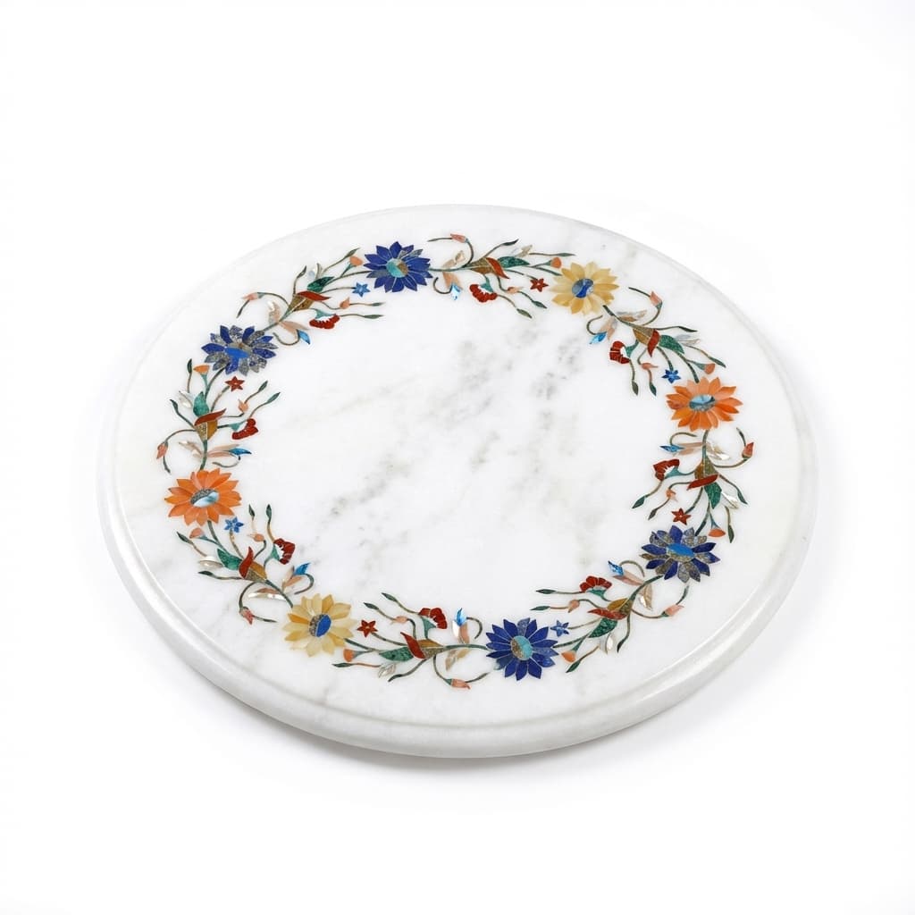 Handcrafted Round Floral Inlay Stone Side Table Top