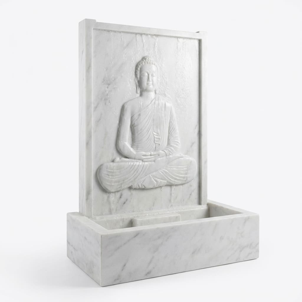 Artisan Hand-Carved Meditating Buddha Panel Stone Water Fountain